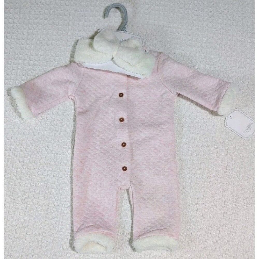 NWT Kyle & Deena Girl 2 Piece 0-3M Unfooted Coverall Headband Pink White Fleece